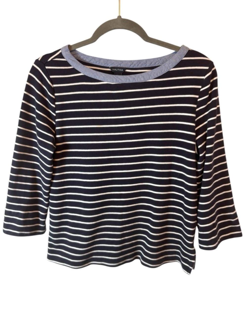 Nautica Navy White Striped Boatneck Long Sleeve Top classic Size Medium